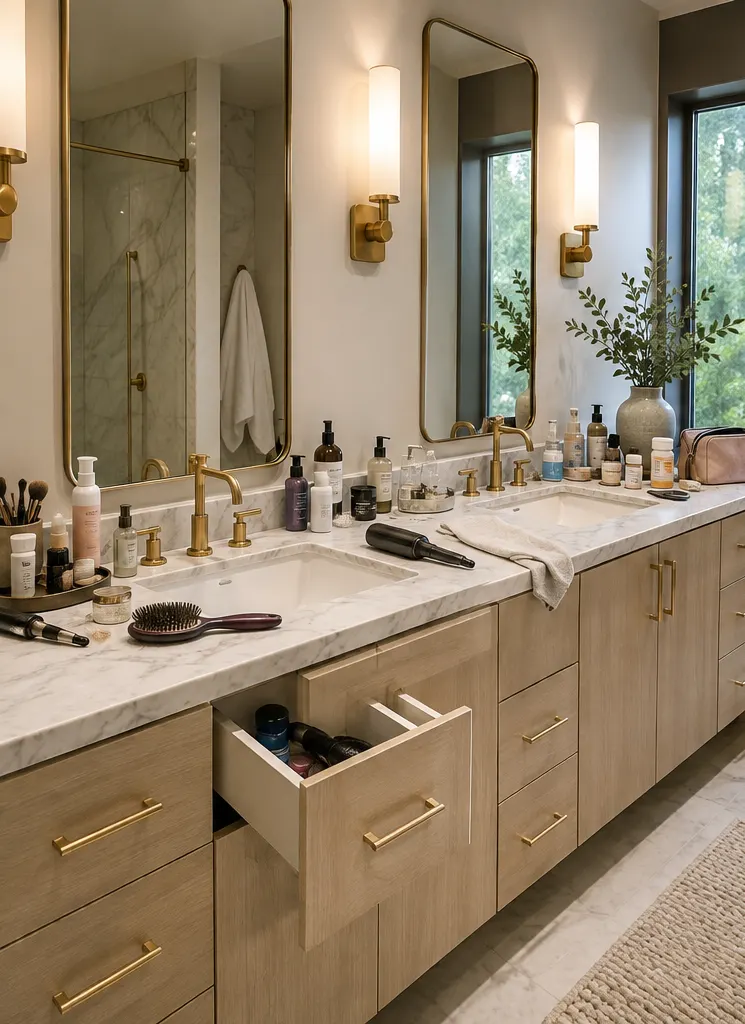 Bathroom counter crowded with products before the reset