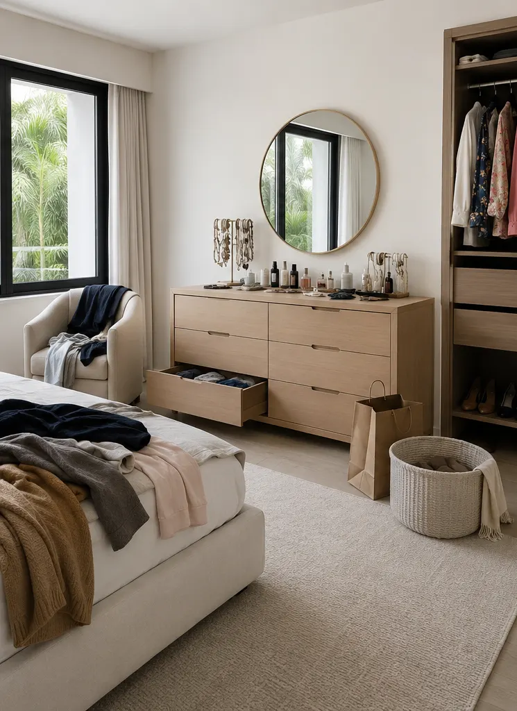 Bedroom with clothes piled on bed and dresser before organizing