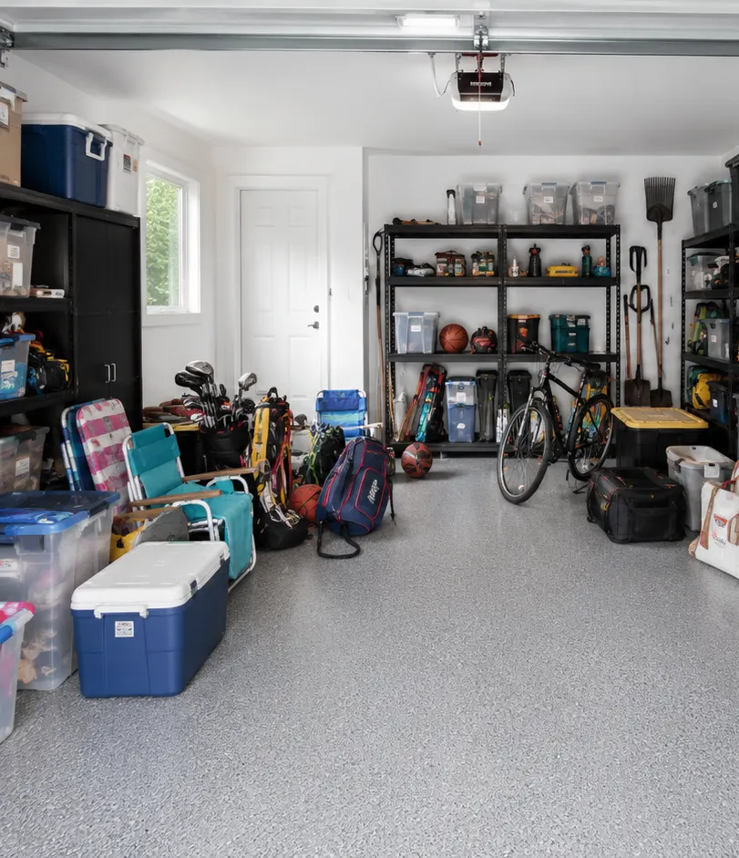 Garage crowded with gear and coolers before organizing
