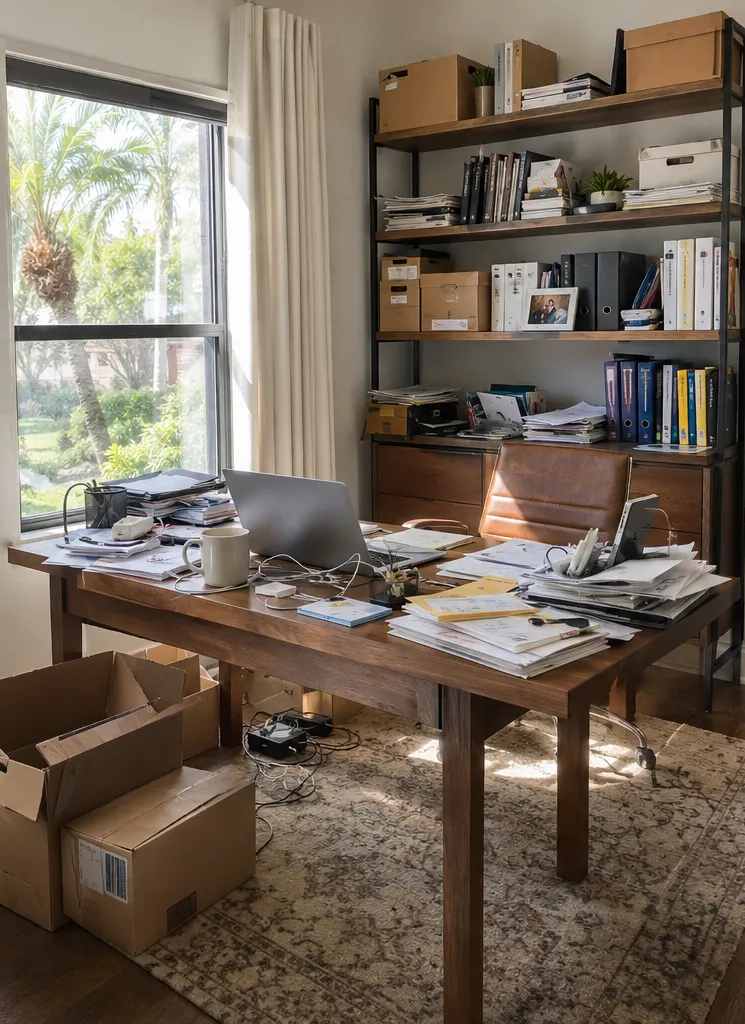 Desk buried in papers and boxes before organizing