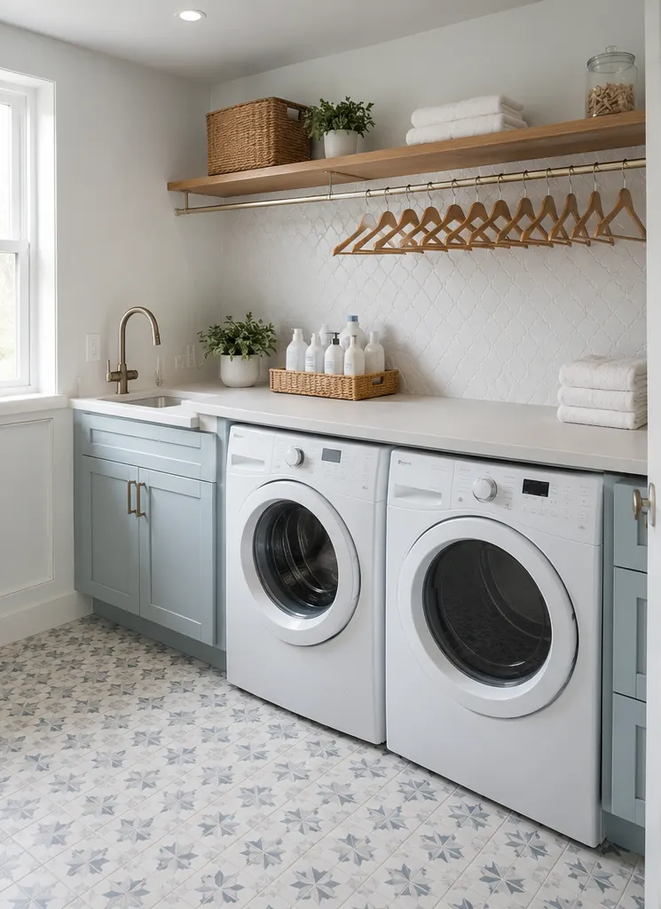 Laundry room with clear counters and matching hangers