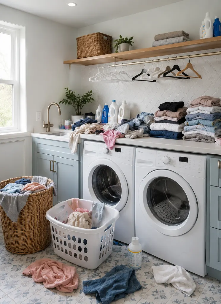 Laundry room with baskets and piles everywhere before organizing