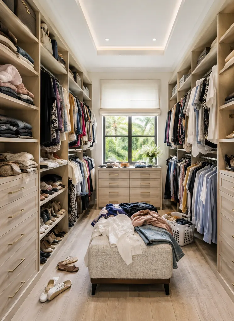 Primary closet with clothes piled on the bench before organizing