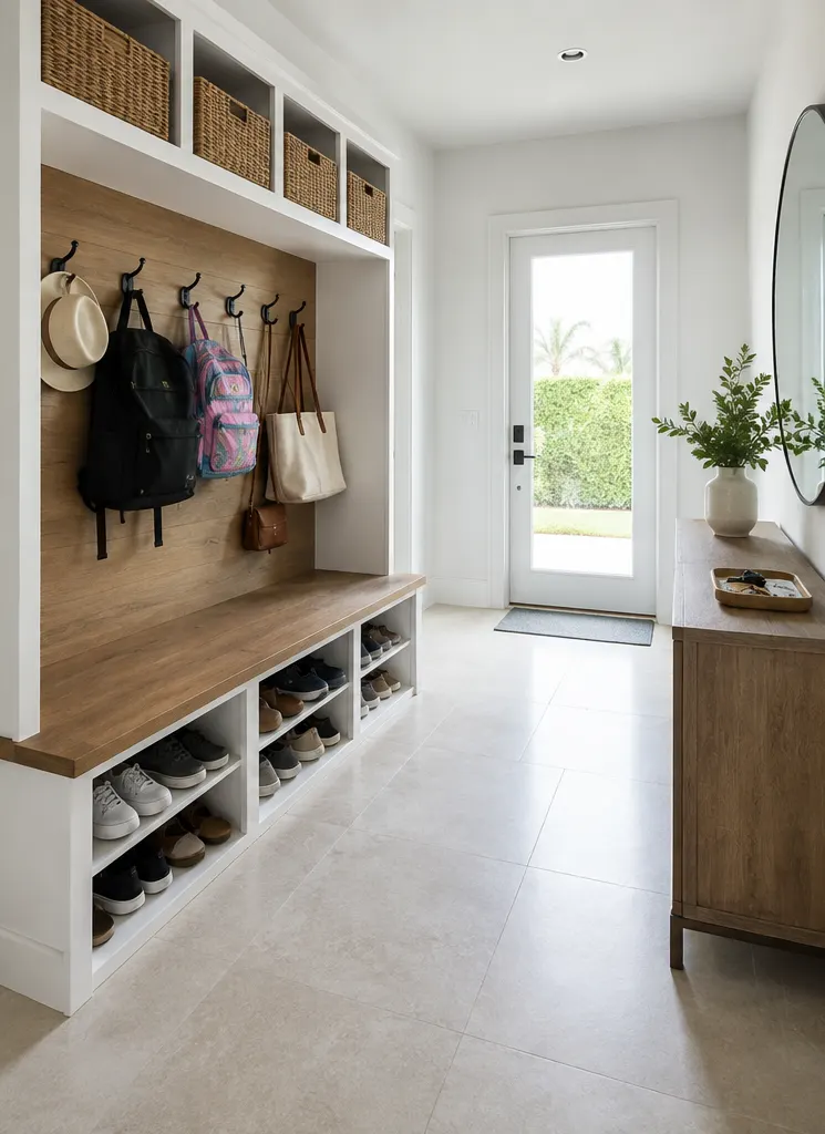 Mudroom with tidy hooks, bench and shoe cubbies