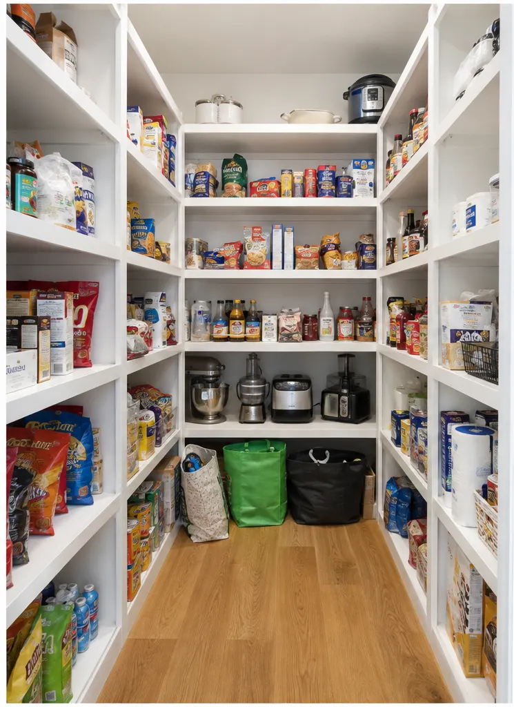 Pantry with mixed packages and bags on the floor before organizing