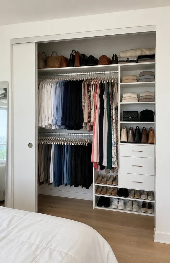 Reach-in closet organized by color with shoe shelves