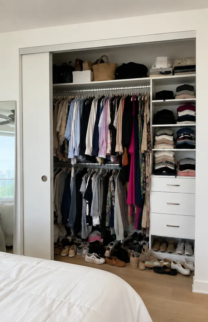 Crowded reach-in bedroom closet before organizing