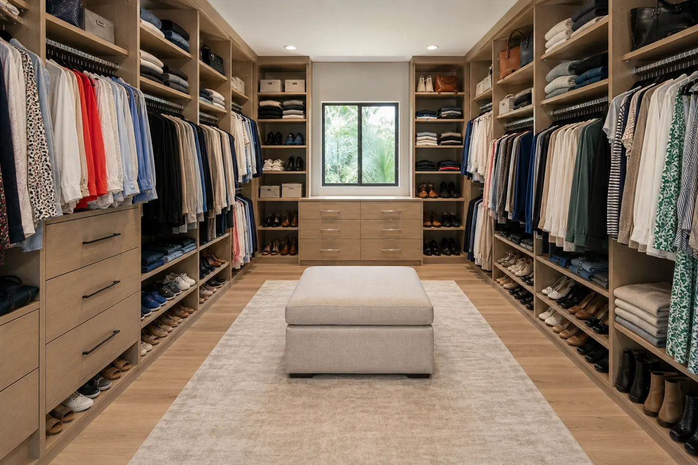 Same walk-in closet fully organized with clear zones